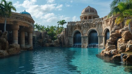 Obraz premium Serene pool with stone architecture, waterfalls, and lush tropical landscaping under a sunny sky.