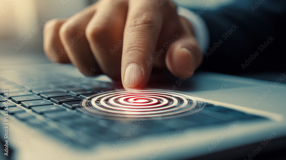 Poster a finger pressing a red and white target on a laptop touchpad with a blurred background effect used