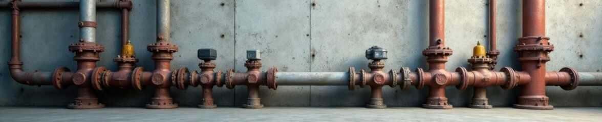 Fototapeta premium Industrial-style concrete wall with pipes and valves, mechanical, equipment, concrete wall