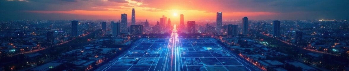 Dark blue architectural plan overlay on a cityscape at sunset, digital art, technology, sunset