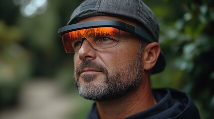 Obraz premium Man wearing augmented reality glasses with vibrant sunset reflection