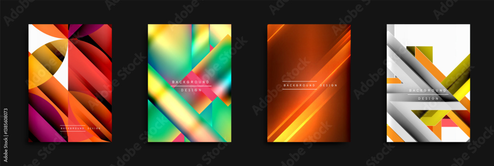 Poster four vibrant abstract backgrounds. geometric shapes, dynamic lines, gradients create modern designs.