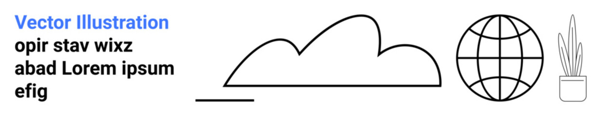 Fototapeta premium Cloud shape, globe, and potted plant in simple black line art. Ideal for environment, nature, sustainability, technology, global connectivity, education simple landing page