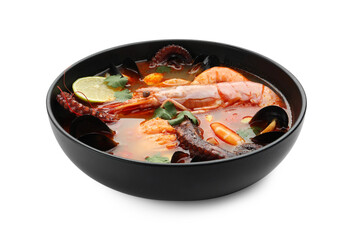 Delicious seafood soup in bowl isolated on white