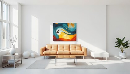 White walls, minimalist decor, sleek leather sofa in bright living room, dwelling, bright