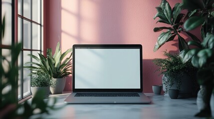 Modern Laptop with Blank Screen on Desk Surrounded by Lush Indoor Plants in Sunlit Room