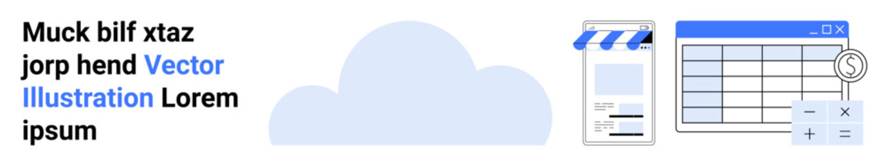 Cloud element connects resources thumbs up a storefront, financial tables, and calculators. Ideal for e-commerce, budgeting, analytics, cloud computing, productivity, small business simple landing