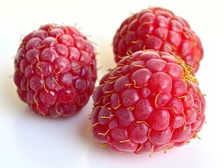 Three ripe red raspberries with visible texture and detail sit closely together on a bright white background.