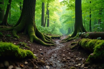 Obraz premium Muddy forest floor with moss-covered tree roots and decaying logs, tangled vegetation, forest decay