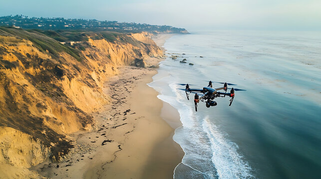 A drone mapping a coastal region, beach with drone surveying the coastline for environmental data, Environmental-tech style