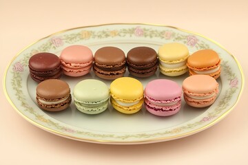 Obraz premium A beautiful arrangement of colorful macarons on a soft, elegant plate.
