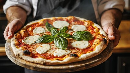 Skilled chef presents freshly baked margherita pizza with basil at a rustic kitchen setting
