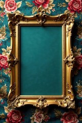 Ornate gold frames on damask fabric with floral patterns, intricate details, high end , luxury