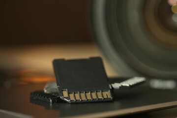 SD memory cards on laptop, closeup view