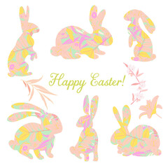 Easter vector illustration featuring decorative floral-patterned bunny silhouettes in pastel colours. Set of Easter isolated bunny decoration for holiday cards, decorations, and design projects.