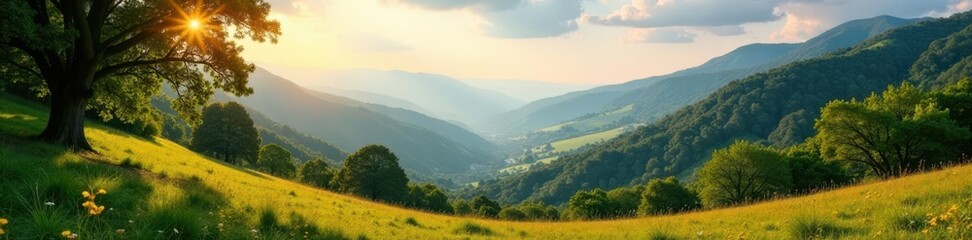 Obraz premium Panoramic valley landscape with sunlight filtering through trees, sunlight, valley