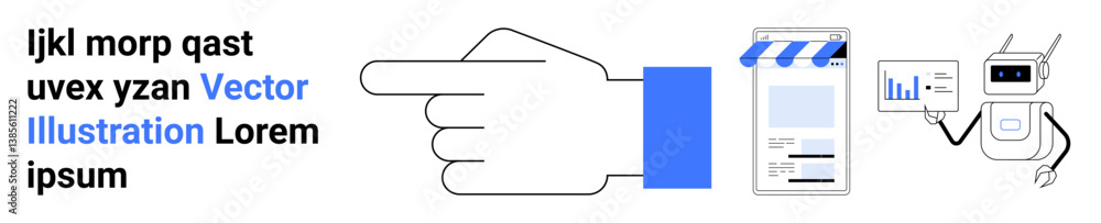 Aufkleber large outlined hand pointing toward a smartphone app interface and a robot reviewing analytical char