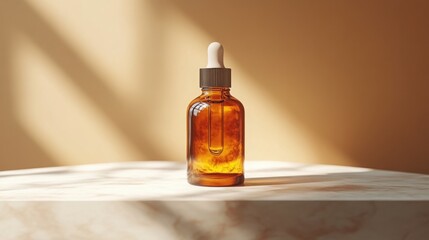 Fototapeta premium Amber Glass Dropper Bottle with Serum on Marble Surface Sunlight Background