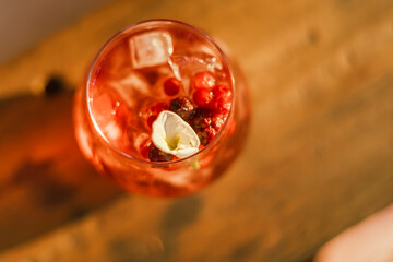 Close up strawberry soda on wood table
