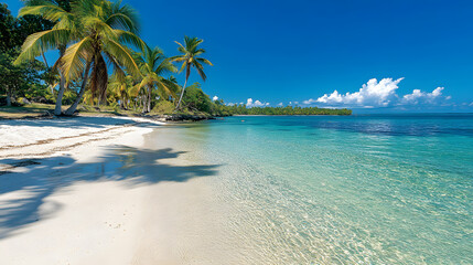 Fototapeta premium Tropical Beach Paradise with Clear Water and Palm Trees in Summer