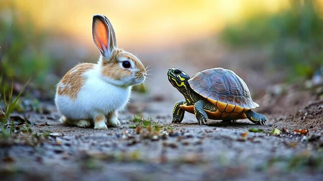 Curious rabbit encounters a tortoise on a sunny path during a peaceful afternoon in nature