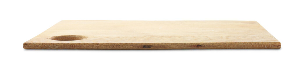 One wooden serving board isolated on white. Space for text
