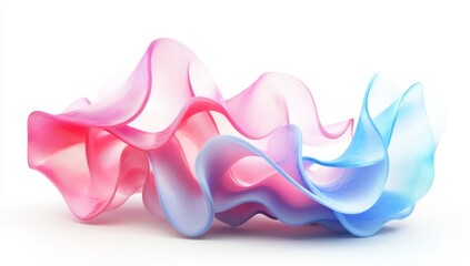 Abstract 3D render of flowing, translucent ribbons in pink and blue against white background