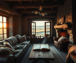 Cozy living room with warm sunset glow and scenic view over fields captured during golden hour