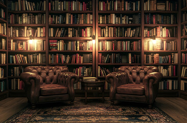 Two chesterfield armchairs in front of a wall filled with bookshelves, in dim light, with a cinematic, photorealistic, high-resolution appearance.