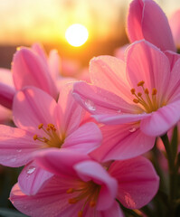 Sunrise blossoms creating a vibrant display with dew-kissed pink flowers against a glowing horizon