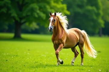 Obraz premium Mare with flowing mane and tail, standing in a lush green meadow, fantasy, unicorn