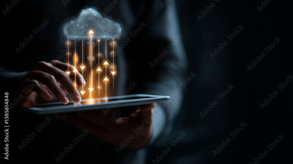 Poster person using tablet with cloud and upward arrows representing data transfer in dark environment