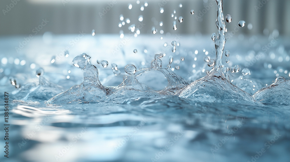 Poster close-up of water droplets splashing in clear blue water, creating a dynamic and serene effect.