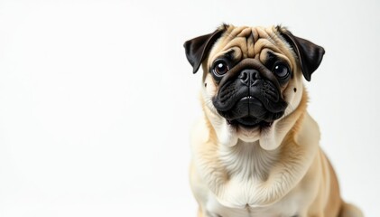 Obraz premium A solo pug, centered, on a bright white backdrop , solo, fawn pug, dog photography