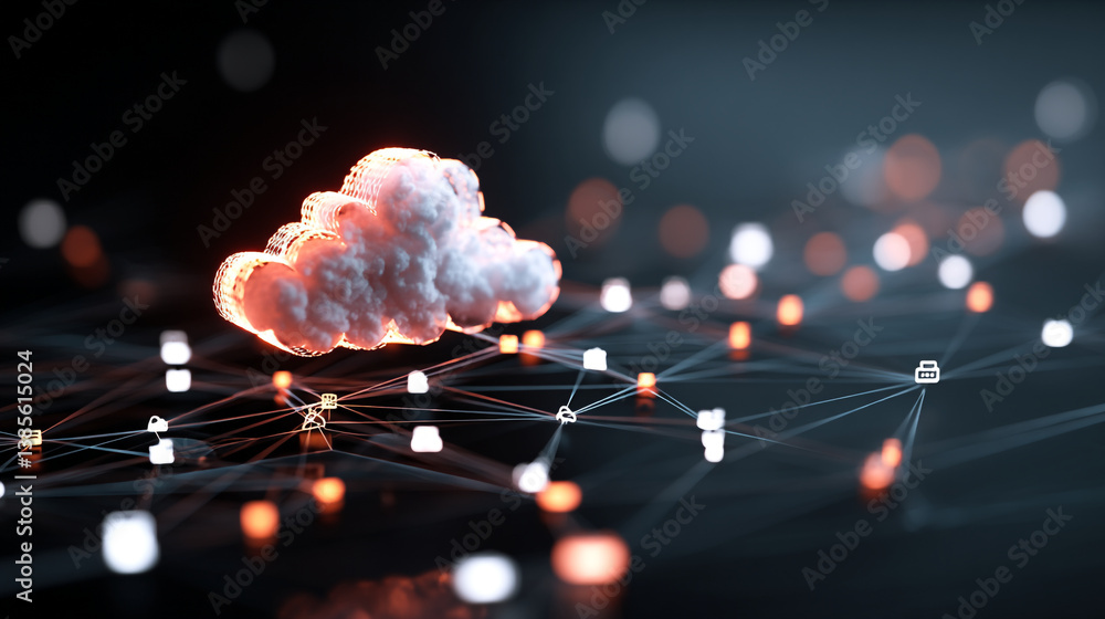 Poster a glowing cloud connected by lines and nodes on a dark background with bokeh effects around it