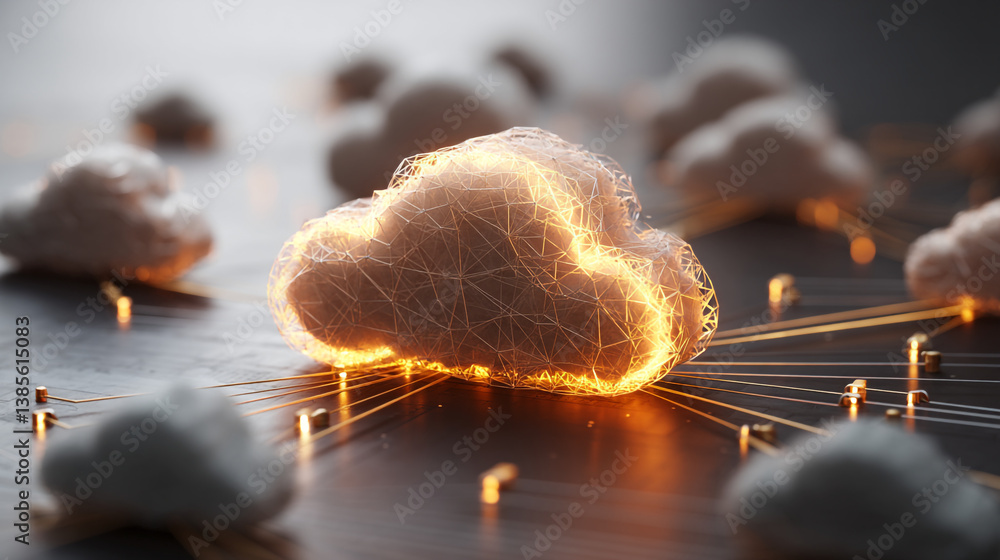 Poster illuminated cloud network with connected nodes and multiple cloud representations in background