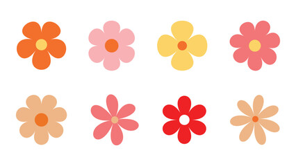 Groovy hippy daisy flowers set. hand drawn decorative elements. Retro vintage style, flower icon, flat colors, Flat cartoon, Vector illustration.