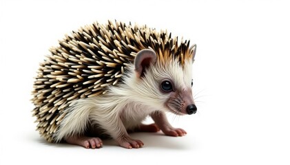 Obraz premium A tiny hedgehog, curled into a ball, isolated on pure white background , animal texture, adorable, photo