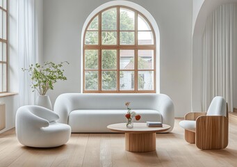 A modern white living room with a light blue armchair, a large window, and a wooden floor.