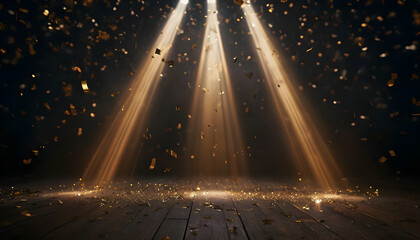 Three Converging Golden Light Beams Over Dark Floor