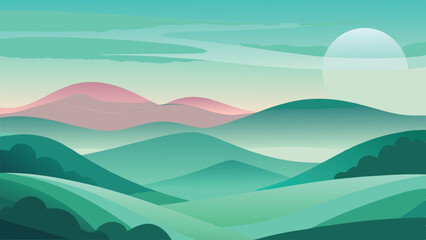 Obraz premium Desert landscape, vast sand dunes, golden sunset, orange sky, large sun, mountainous horizon, warm colors, stylized illustration, vector art, minimalist design, tranquil scene, barren wilderness, roll