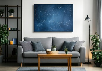 a minimalist living room with a gray sofa, wooden coffee table, and a blue canvas painting on the wall above it