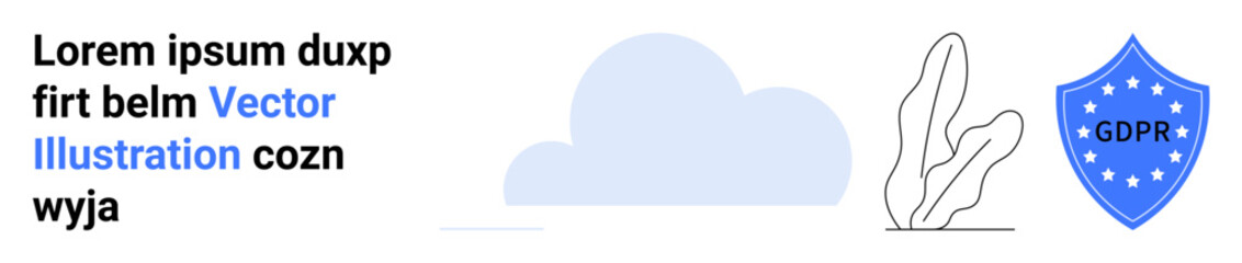 Blue GDPR shield with white stars next to a cloud and minimalistic plant. Ideal for privacy laws, data security, compliance, internet protection, online safety, secure systems, and simple landing