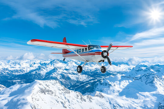 A vintage airplane flying over snowy mountains