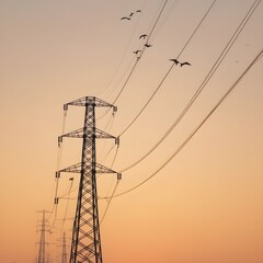 A view of power lines stretching across a pale orange sky, with birds flying in the distance.