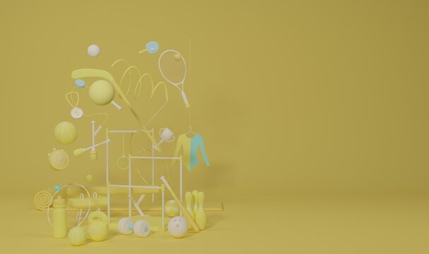 set of sports and artistic gymnastics equipment tools balls horizontal bars yellow blue 3D rendering cartoon on yellow background