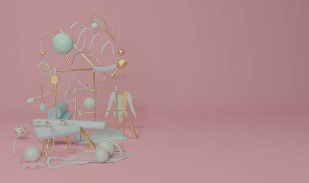 set of sports and artistic gymnastics equipment tools gold blue 3D rendering cartoon on pink background