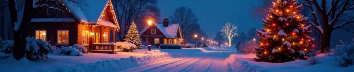 Fototapeta premium Snow-covered landscape with Christmas lights and decorations at night, festive atmosphere, lighted trees snowfall, holiday season