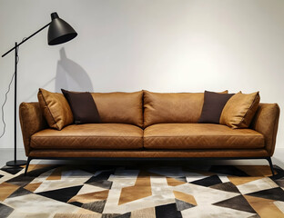 Modern sofa with black floor lamp and coffee table against a white wall, a brown leather fabric couch on a geometric carpet in the minimal home interior design of a modern living room.