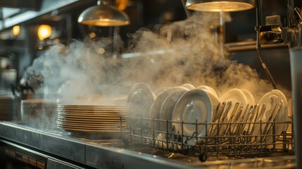 Professional Restaurant Dishwasher Station with Drying Plates Surrounded by Steam in a Modern Kitchen Environment for Culinary Projects and Food Service Imagery